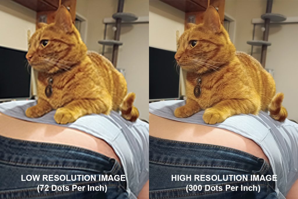 Low resolution image vs high resolution image explaining DPI (dots per inch) so users know how to see the difference in Canva