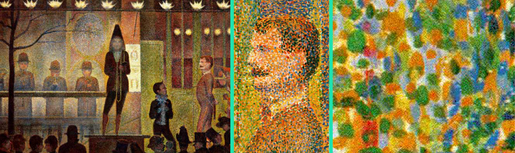 Pointillism painting close up showing individual coloured dots, demonstrating how raster images are made of pixels that become visible when enlarged.